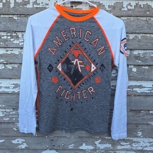 🌟 American Fighter Gray and Orange Long Sleeve Tee Size Medium